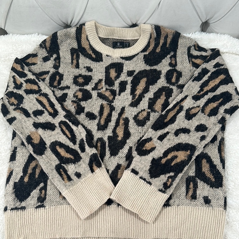 Volcom Black and Tan Crew Neck Sweater with Bold Animal Print